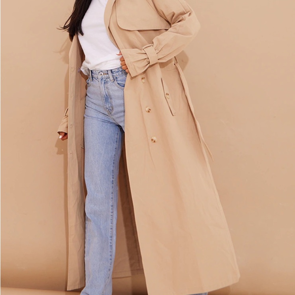 pretty little thing panel detail belted trench coat stone Size 10